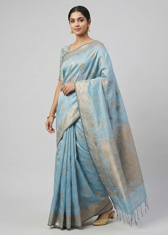 Blue Kora Silk Saree With Blouse Piece One Size