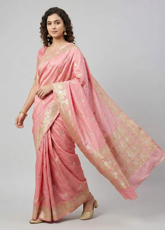 Pink Handloom Katan Pure Silk Saree With Blouse Piece One Size