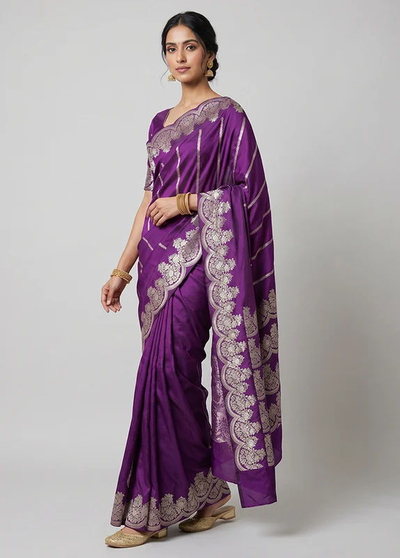 Purple Handloom Katan Pure Silk Saree With Blouse Piece One Size