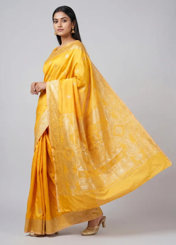 Yellow Banarasi Silk Saree With Blouse Piece One Size