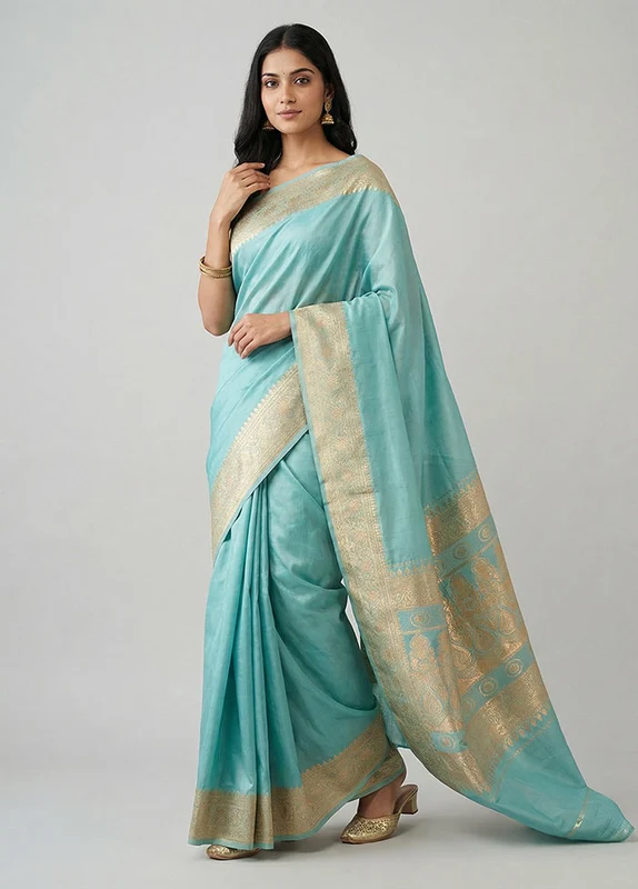 Blue Banarasi Silk Saree With Blouse Piece One Size