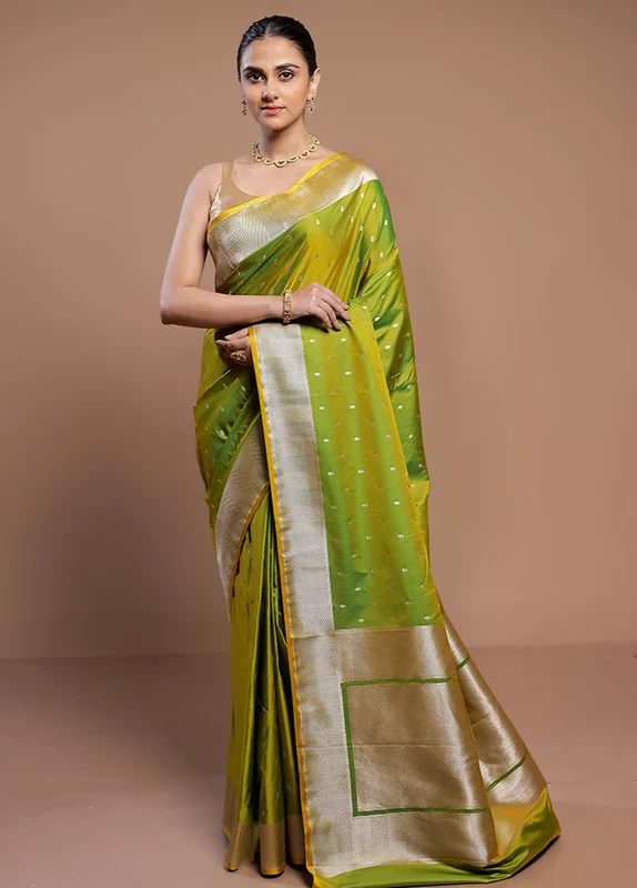Green Katan Silk Saree With Blouse Piece Onesize