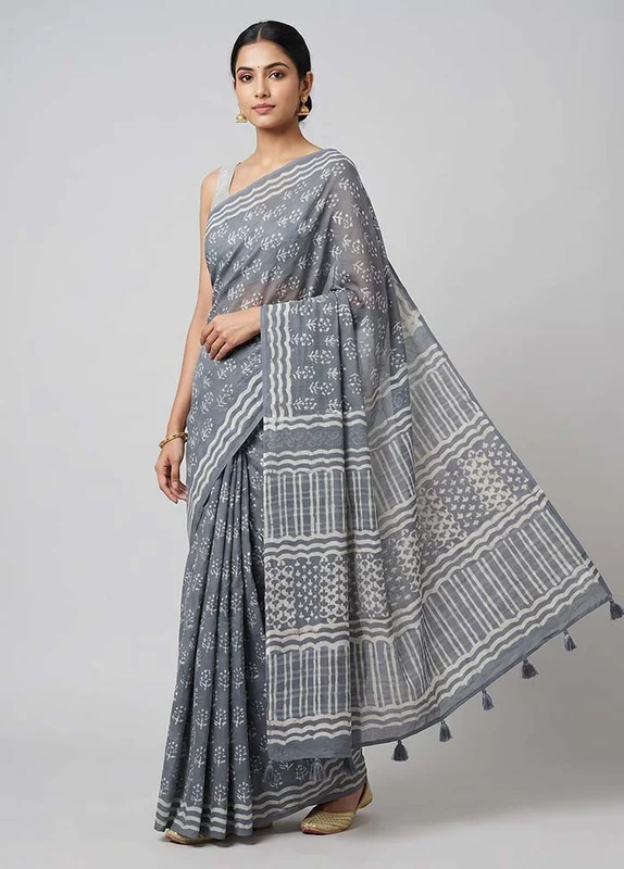 Grey Chanderi Cotton Saree With Blouse Piece One Size