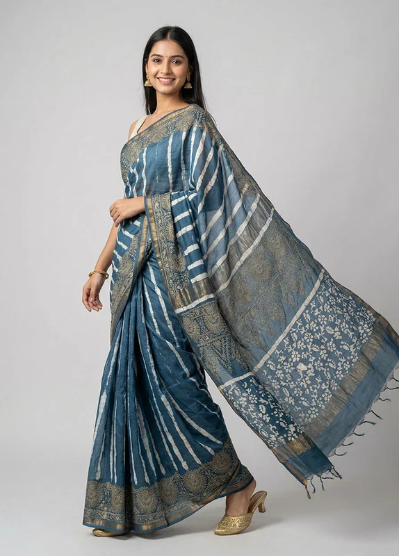 Blue Chanderi Silk Saree With Blouse Piece One Size