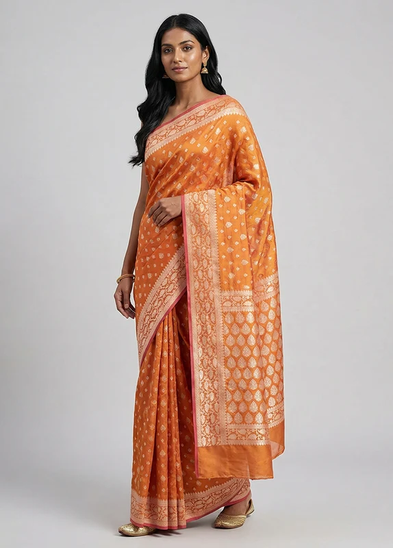Pink Kora Silk Saree With Blouse Piece One Size