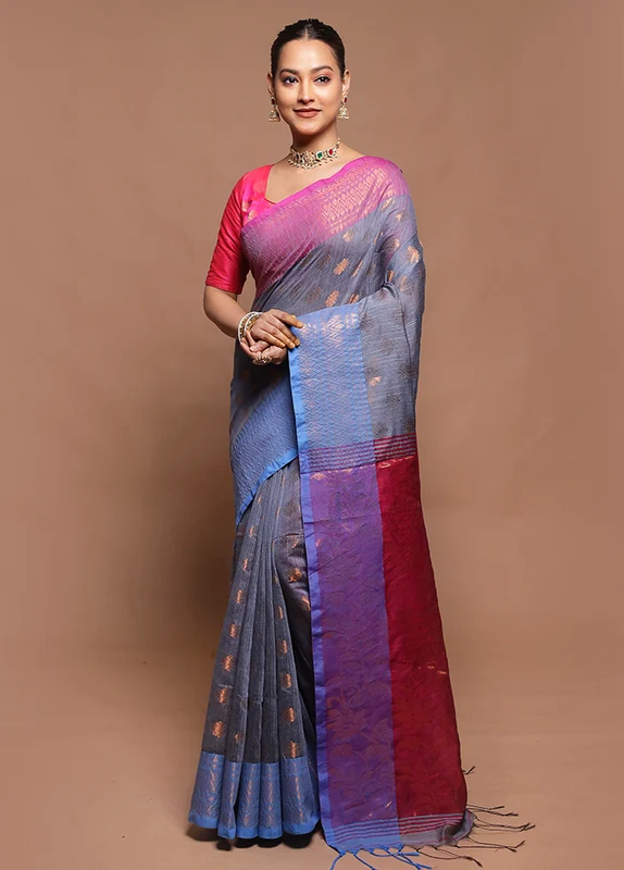 Grey Cotton Saree With Blouse Piece Onesize