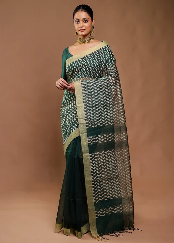 Green Cotton Saree With Blouse Piece Onesize