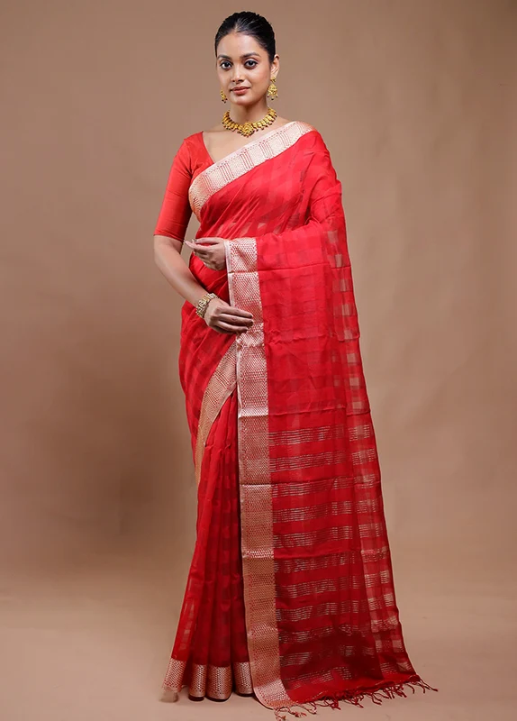 Red Cotton Saree With Blouse Piece Onesize