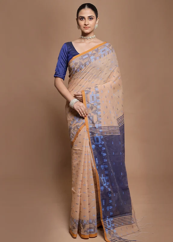 Blue Cotton Saree With Blouse Piece Onesize