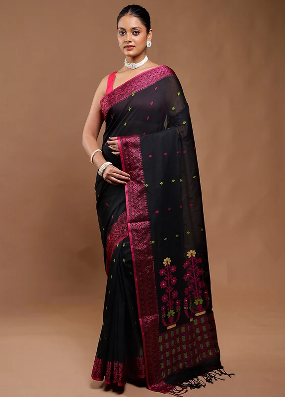 Black Pure Cotton Saree With Blouse Piece Onesize