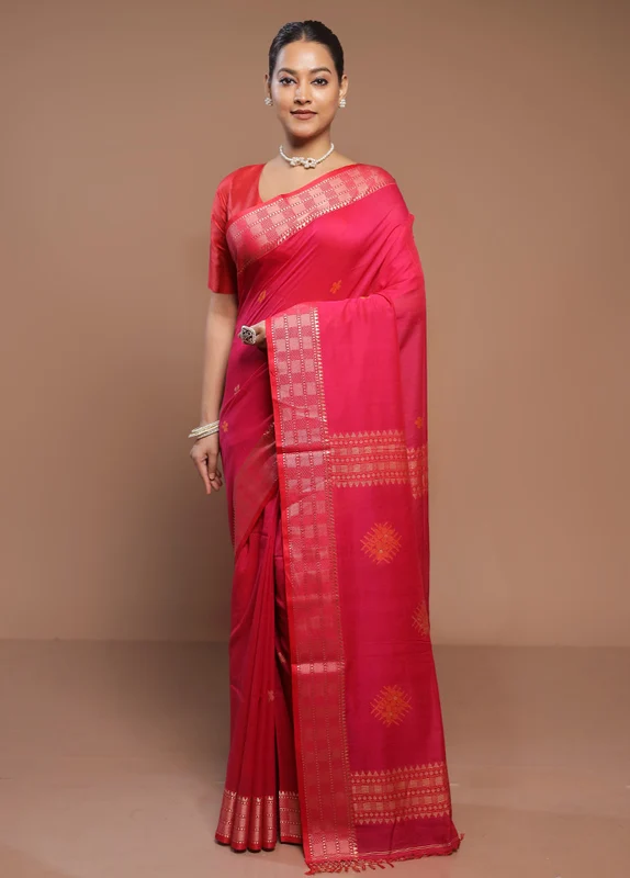 Pink Cotton Saree With Blouse Piece Onesize