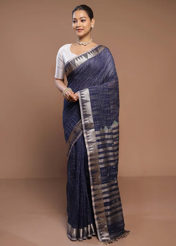 Blue Cotton Saree With Blouse Piece Onesize