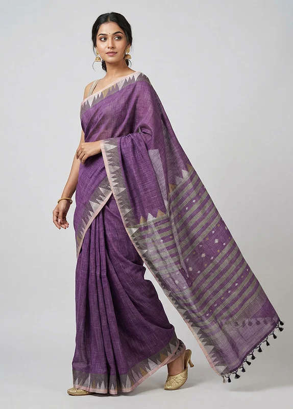 Purple Khadi Cotton Saree With Blouse Piece One Size