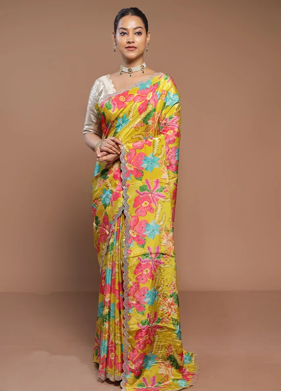 Yellow Printed Pure Silk Saree Without Blouse Piece Onesize