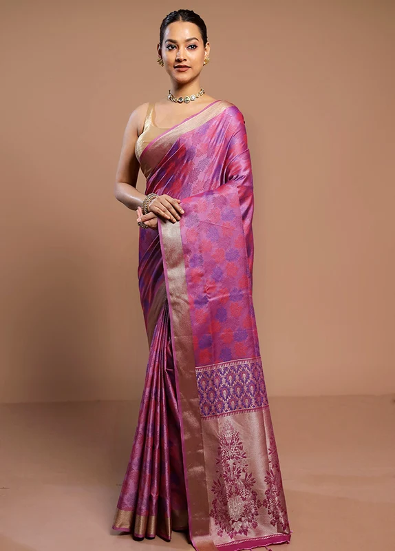 Purple Kanjivaram Silk Saree With Blouse Piece Onesize