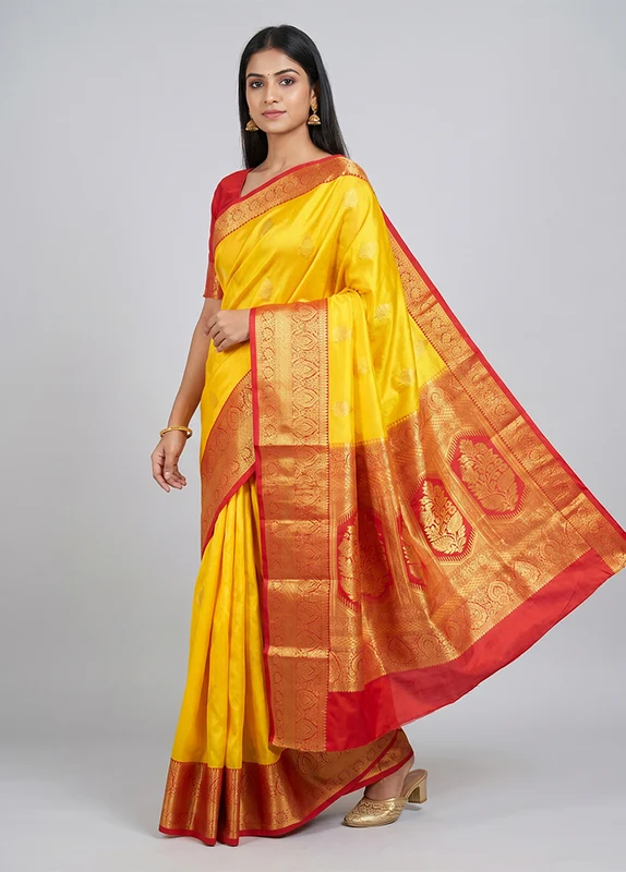 Yellow Handloom Kanchipuram Pure Silk Saree With Blouse Piece One Size