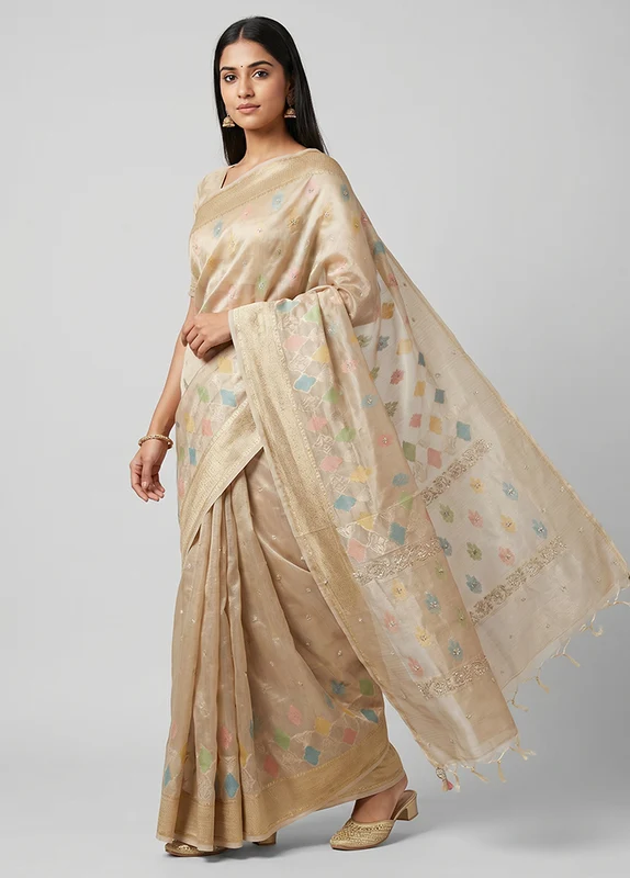 Cream Handloom Tissue Pure Silk Saree With Blouse Piece One Size