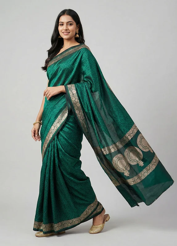 Green Tanchoi Silk Saree With Blouse Piece One Size