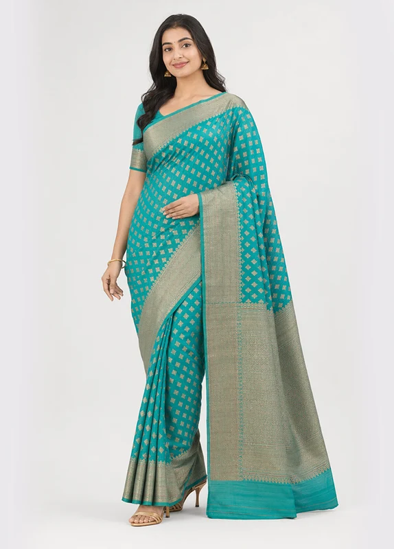 Green Tussar Silk Saree With Blouse Piece One Size