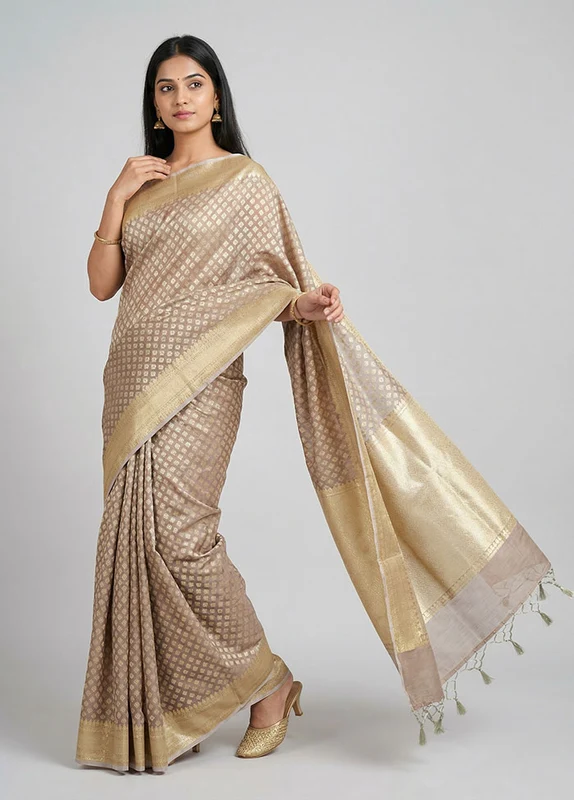 Grey Kora Silk Saree With Blouse Piece One Size