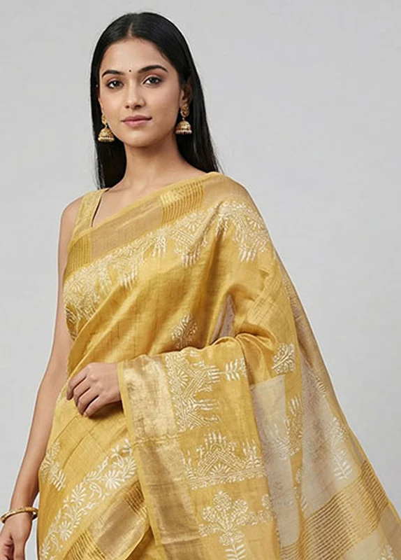 Yellow Tussar Silk Saree With Blouse Piece One Size