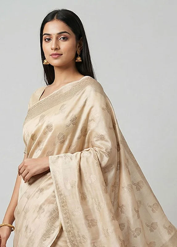 Cream Dupion Silk Saree With Blouse Piece One Size