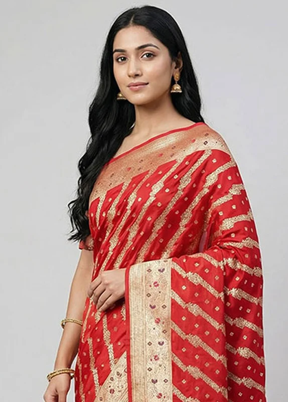Red Handloom Banarasi Pure Silk Saree With Blouse Piece One Size