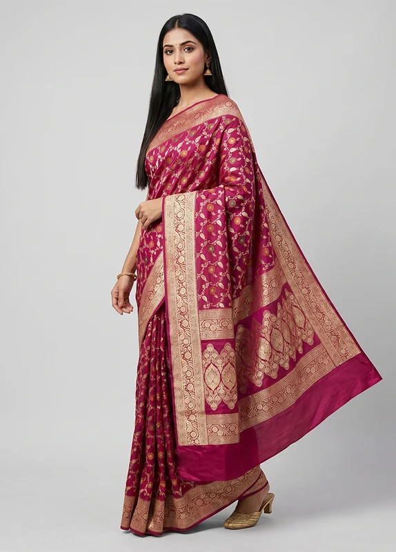 Pink Handloom Banarasi Pure Silk Saree With Blouse Piece One Size