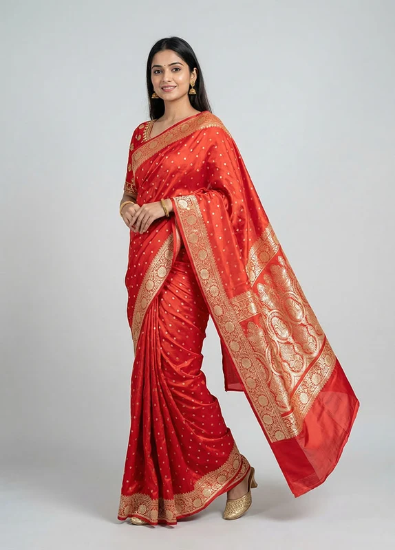 Red Handloom Banarasi Pure Silk Saree With Blouse Piece One Size