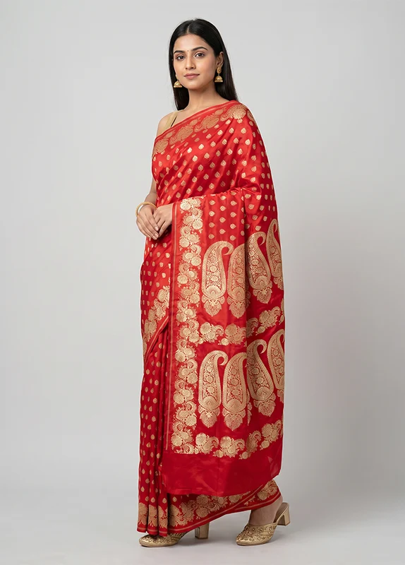 Red Handloom Banarasi Pure Silk Saree With Blouse Piece One Size