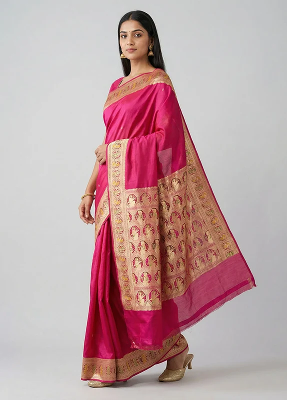 Pink Handloom Banarasi Pure Silk Saree With Blouse Piece One Size
