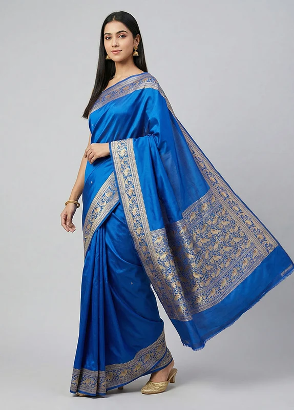 Blue Handloom Banarasi Pure Silk Saree With Blouse Piece One Size