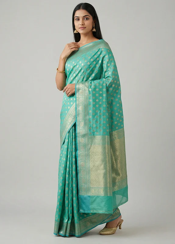 Green Kora Silk Saree With Blouse Piece One Size