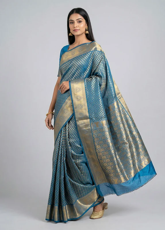 Blue Kanjivaram Silk Saree With Blouse Piece One Size