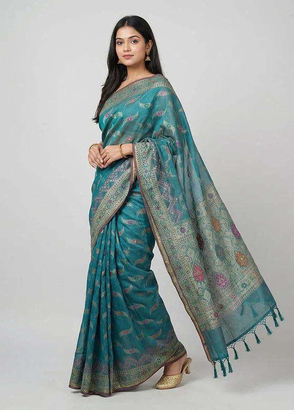 Blue Kora Silk Saree With Blouse Piece One Size