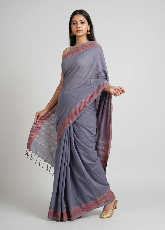Grey Pure Cotton Saree With Blouse Piece One Size