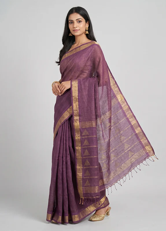 Maroon Handloom Linen Pure Silk Saree With Blouse Piece One Size