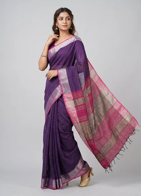 Black Linen Silk Saree With Blouse Piece One Size