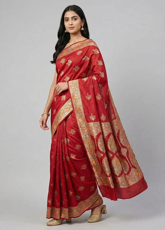 Maroon Banarasi Silk Saree With Blouse Piece One Size