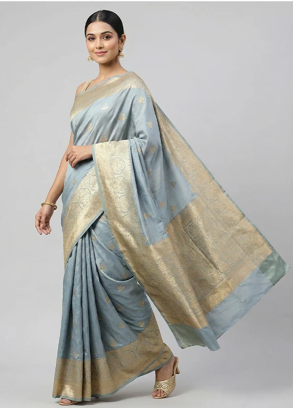 Grey Katan Silk Saree With Blouse Piece One Size
