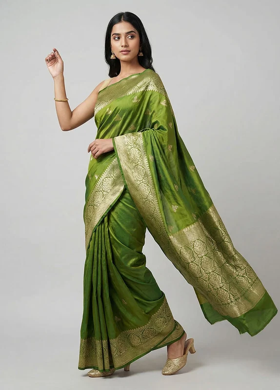 Green Katan Silk Saree With Blouse Piece One Size