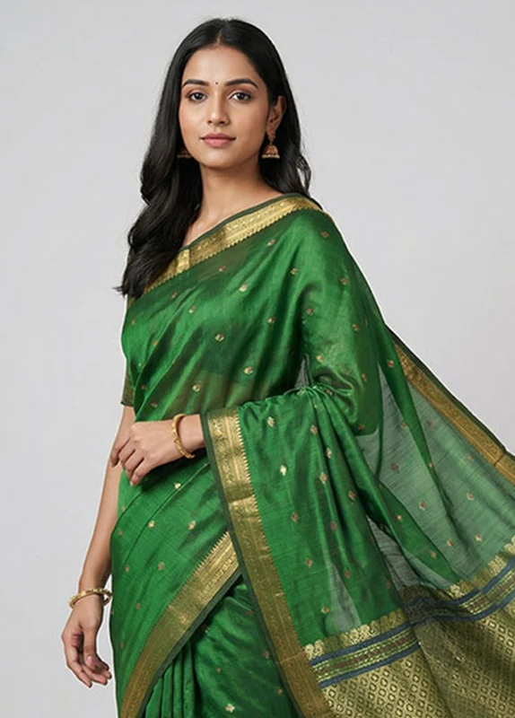 Green Kanjivaram Silk Saree With Blouse Piece One Size