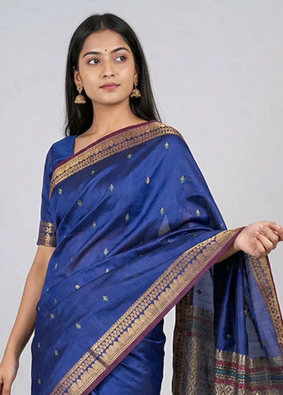 Blue Kanjivaram Silk Saree With Blouse Piece One Size