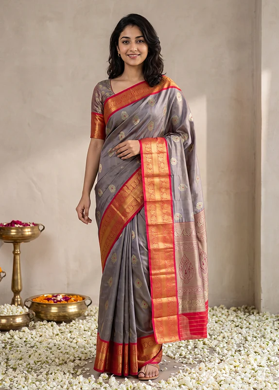 Purple Handloom Kanjivaram Pure Silk Saree With Blouse Piece One Size