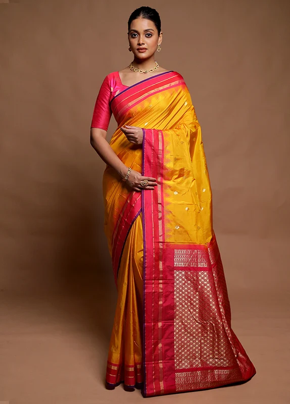 Yellow Kanjivaram Silk Saree With Blouse Piece Onesize