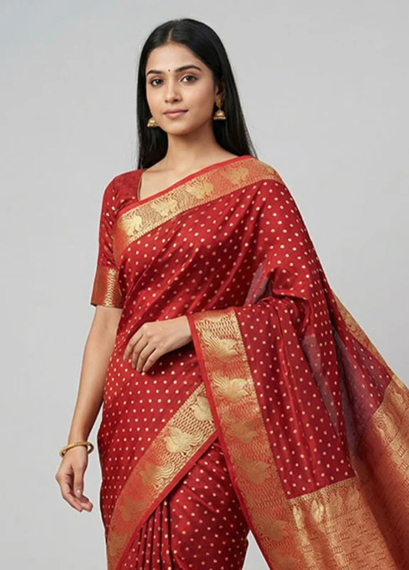 Maroon Handloom Kanjivaram Silk Saree With Blouse Piece One Size