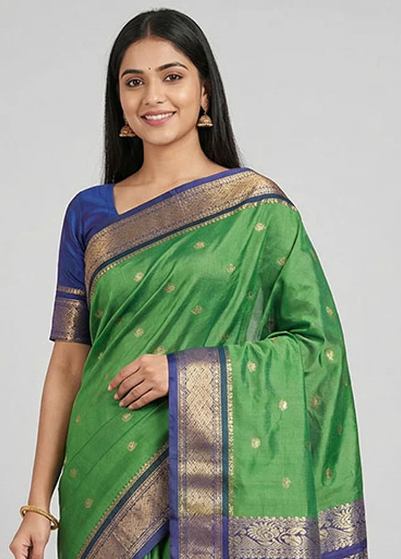 Green Kanjivaram Silk Saree With Blouse Piece One Size