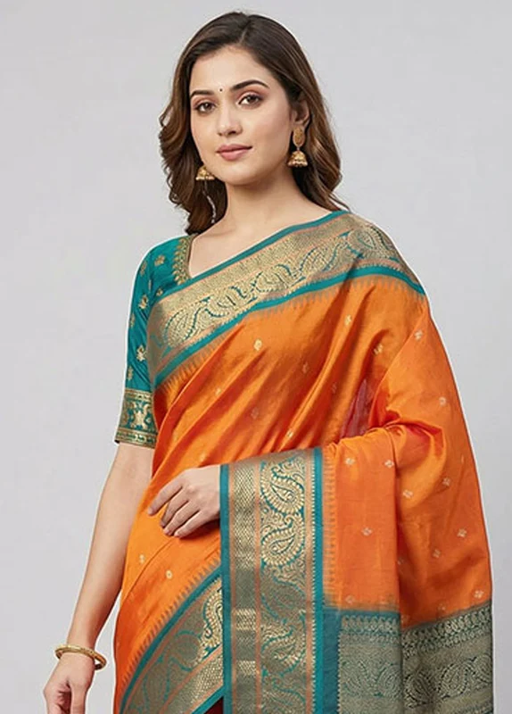 Orange Handloom Kanjivaram Pure Silk Saree With Blouse Piece One Size