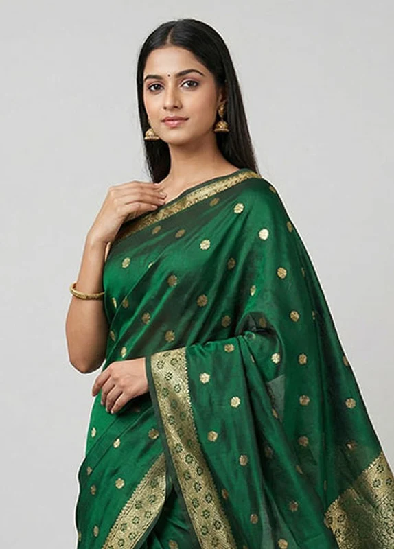 Green Kanjivaram Silk Saree With Blouse Piece One Size