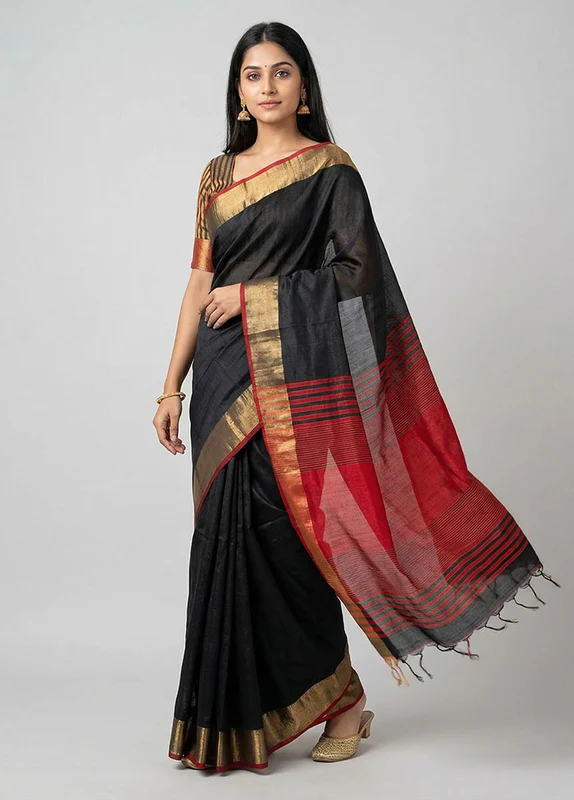 Black Dupion Silk Saree With Blouse Piece One Size